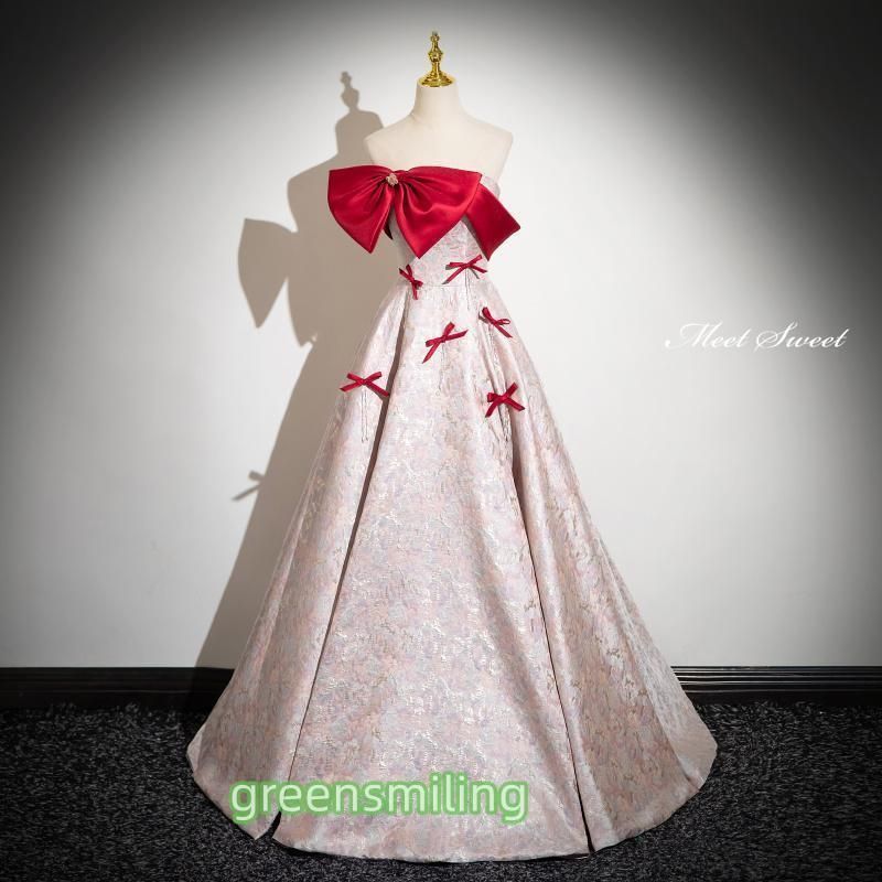 ドレス Aラインドレス ロングドレス ピンク ベアトップ リボン 花柄 ウェディングドレス 結婚式 二次会 花嫁 前撮り 演奏会 発表会 ステージ衣装4.09