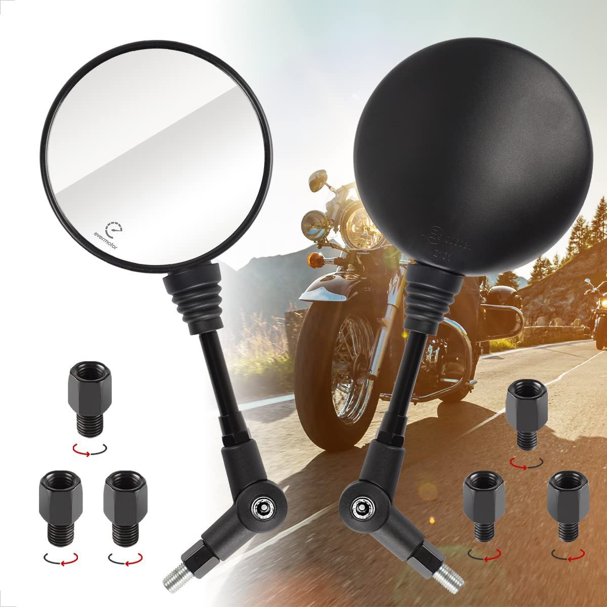 Evermotor バイクミラー 8mm 10mm 左右セット正/逆ネジ 折り畳み 可倒 