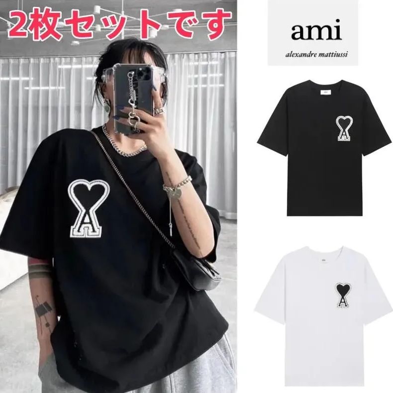 新品未使用 Amiparis アミパリス 刺繡 Tシャツ 半袖 男女兼用 黒+白 2枚 - メルカリ