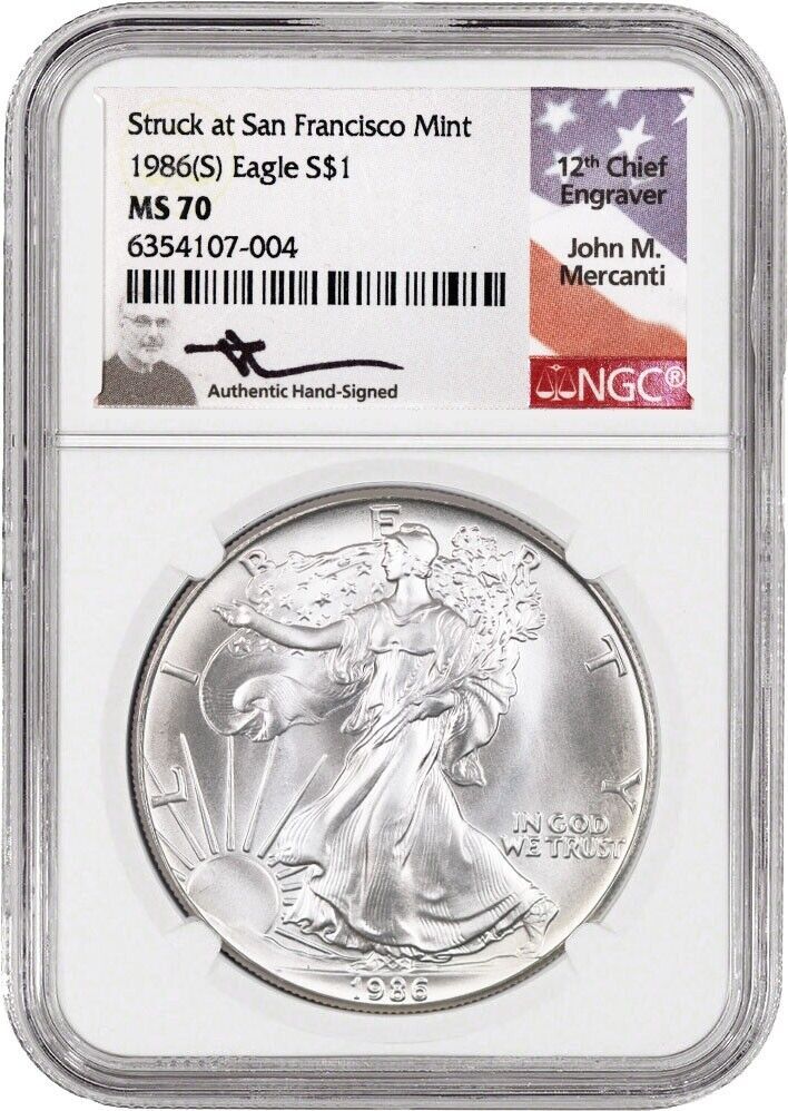 1986 S $1 Silver American Eagle NGC MS70 UC John Mercanti Signature Label