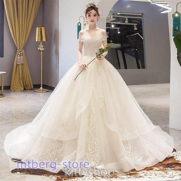 ウェディングドレス オフショルダー 結婚式ドレス ホワイト シャンパン色 Vネック ブライダルドレス Aライン キレイめ ロングドレス 二次会