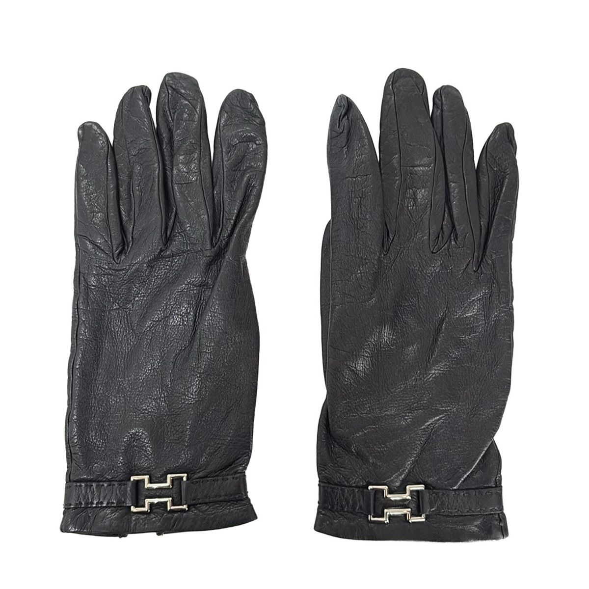 HERMES エルメス 手袋 レディース - 黒 シルバー金具 レザー