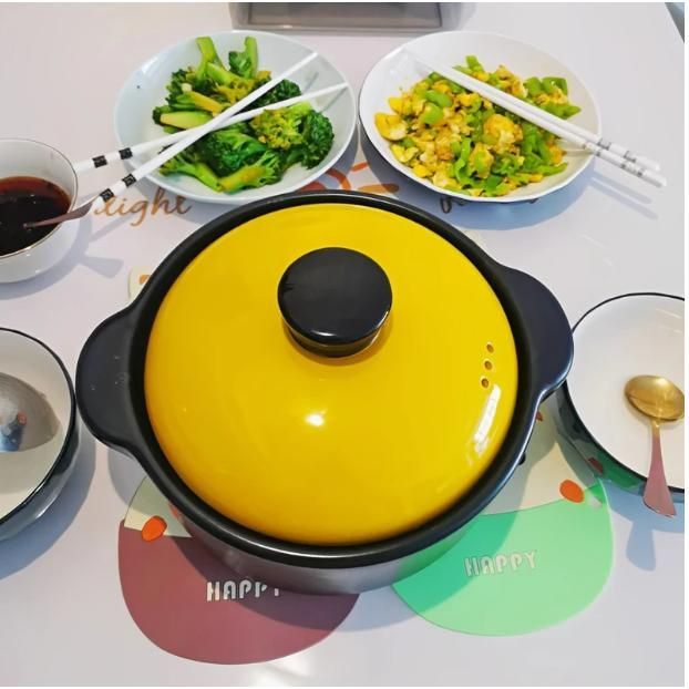 5Lの黄色いセラミックストックポット ブラックの蓋付き - 高温耐性 汁物用のノンスティックスープポット - ステーやスープ ポットライス