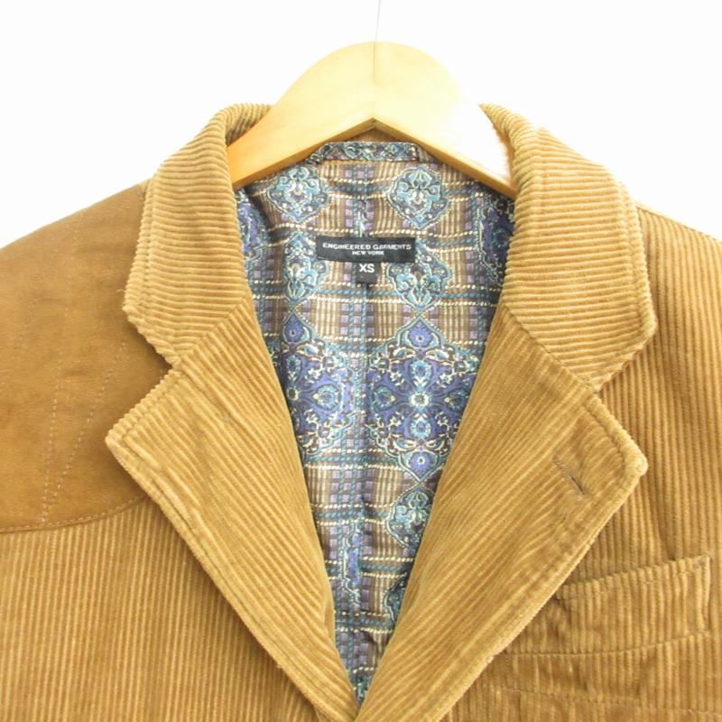 エンジニアードガーメンツ Engineered Garments USA製 コーデュロイテーラードジャケット ハンティングジャケット エルボーパッチ  スエード チンストラップ 切替 裏地総柄 茶 ブラウン XSサイズ 1027