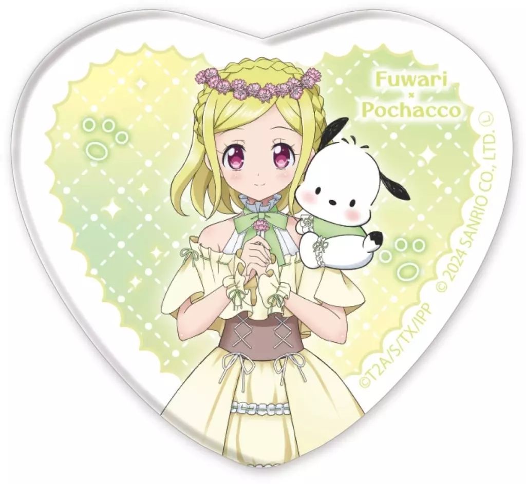 中古】バッジ・ビンズ 緑風ふわり×ポチャッコ 「ホログラムハート型缶