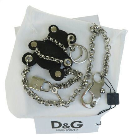 【中古】 美品 ドルチェu0026ガッバーナ DOLCEu0026GABBANA バッグチャーム チェーン クマ ブラック シルバー レザー メタル 保存箱 袋付き 07BD852