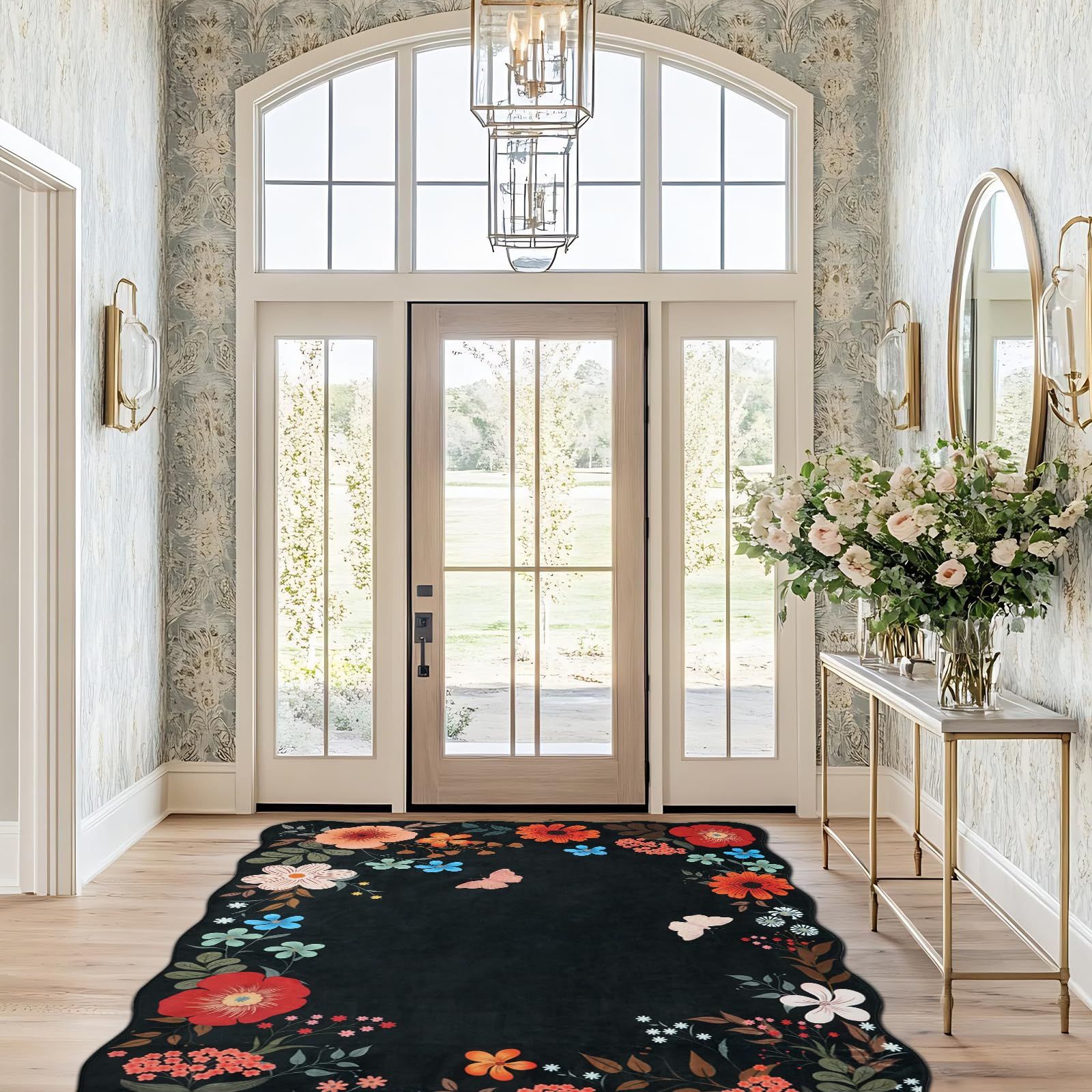 MOSISO 4x6 約121cmx182cm リビングルーム用エリアラグ ソフト ノンスリップ ウェーブエッジ バタフライ-フラワー 柄 ローパイルカーペット 家庭 ビング 寝室 ダイニング ホーム用 フェイクウール 長方形 洗えるカーペット ブラック MARWIL-DEMENAGEMENTS_CH