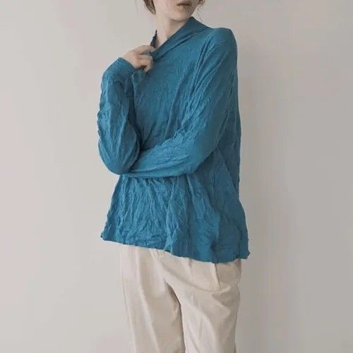 akane ボトルネック ハイネック カットソー レディース 長袖 ニット プルオーバー シワ加工 ブルー