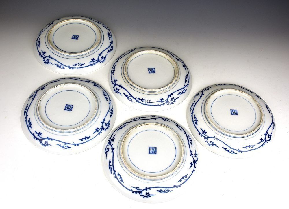 蔵C9622】古美術 古伊万里 染付菊水七寸皿 五枚 当時箱