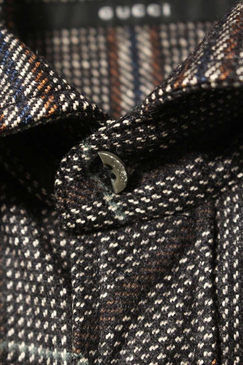 グッチ 182471 エポーレット付き シルク混 チェック長袖シャツ メンズ  