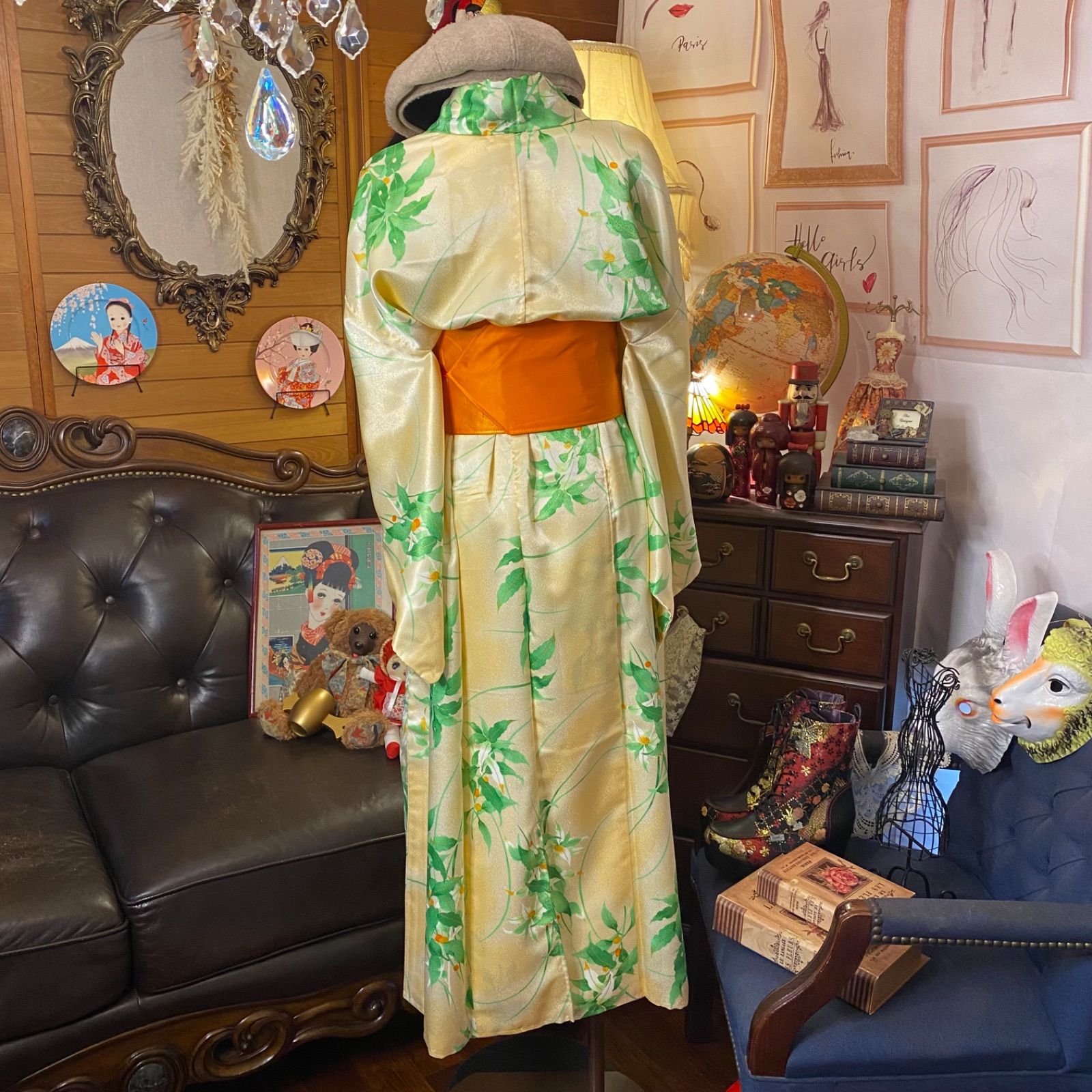 和洋折衷 着物 リメイク ワンピース ドレス 名古屋帯サッシュ