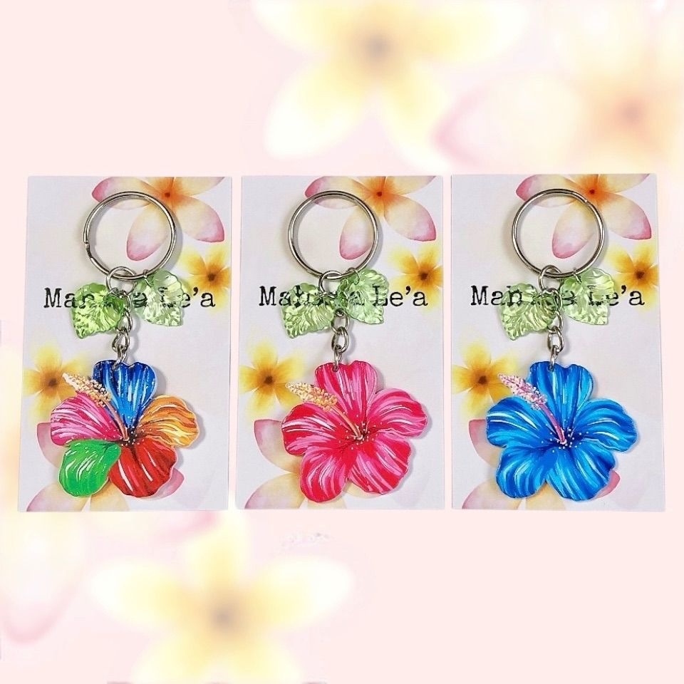 ハイビスカス キーホルダー 葉っぱ付き ハワイアン雑貨 ブルー