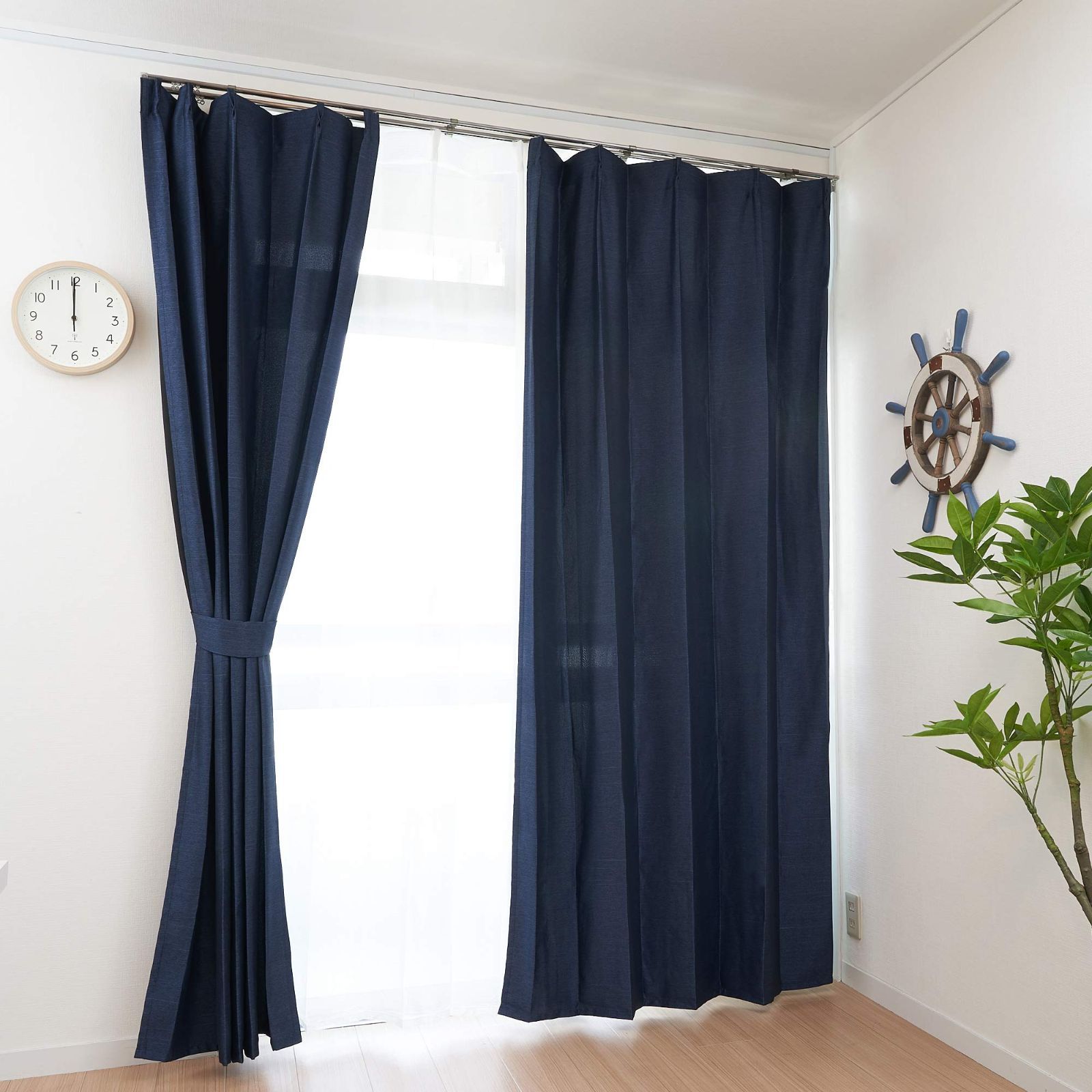 【特価商品】おしゃれ (杢調遮光2枚＆ミラーレース2枚)【curtain-fabfun】[幅100x丈200 遮光 4枚組 ネイビー 200cm丈 ME602] 16色展開 丸洗いOK 4枚セット 届いてすぐに使えるアジャスターフック付き UV