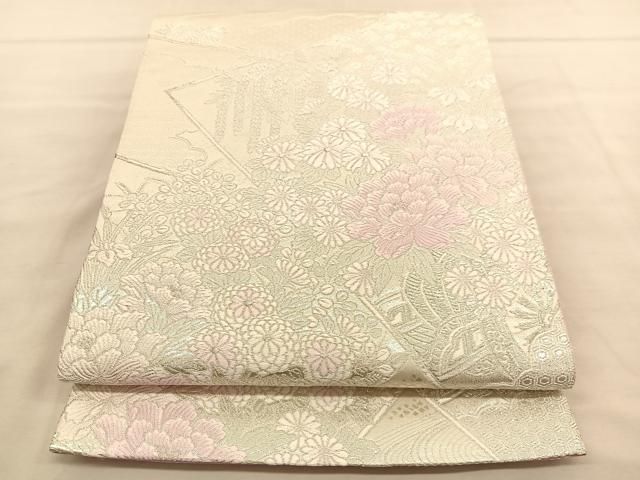 平和屋着物◎六通柄袋帯 唐織 吉祥流水花調文 銀糸 正絹 逸品