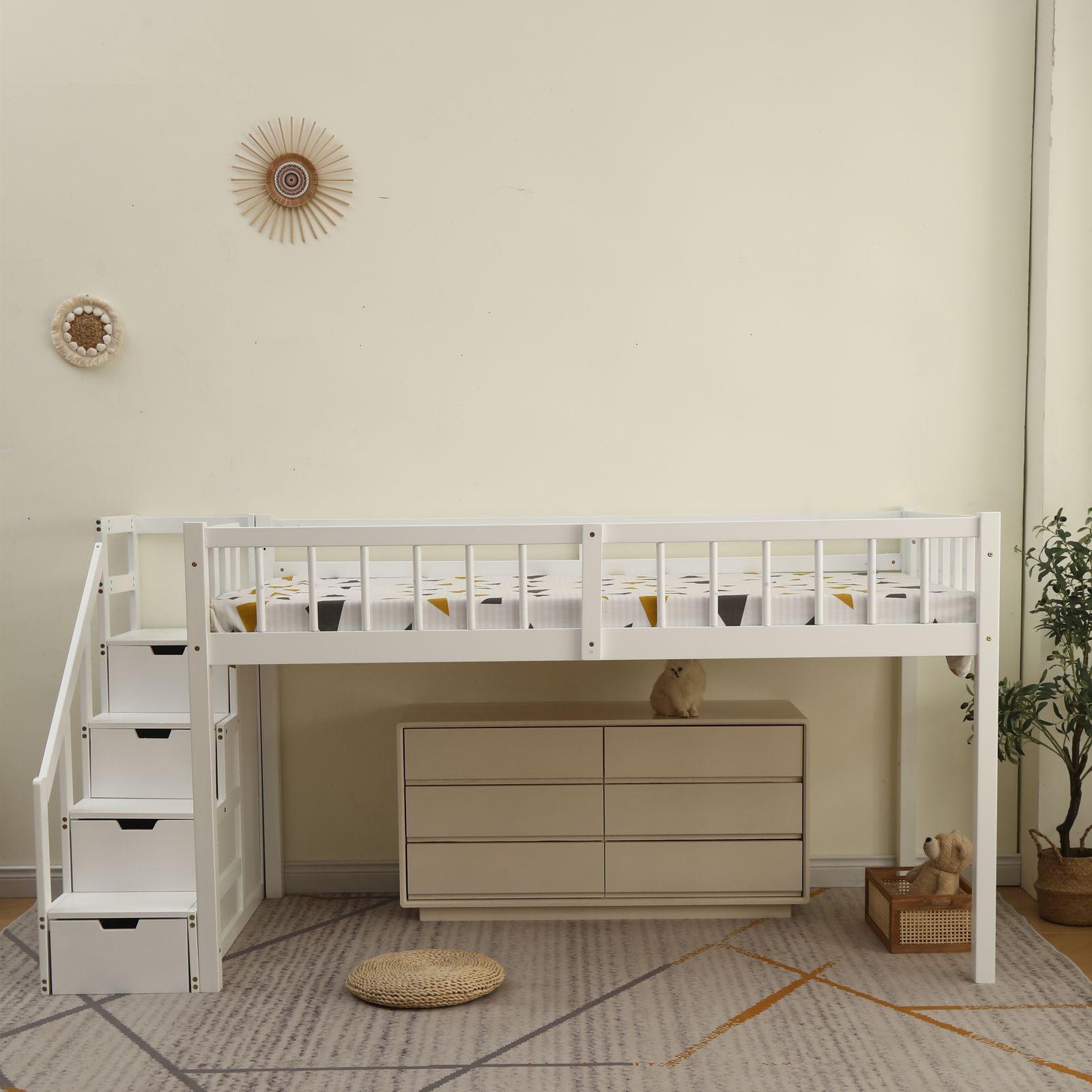 10%割」新作 ホワイト ロフトベッド 木製 シングル 階段収納 北欧風