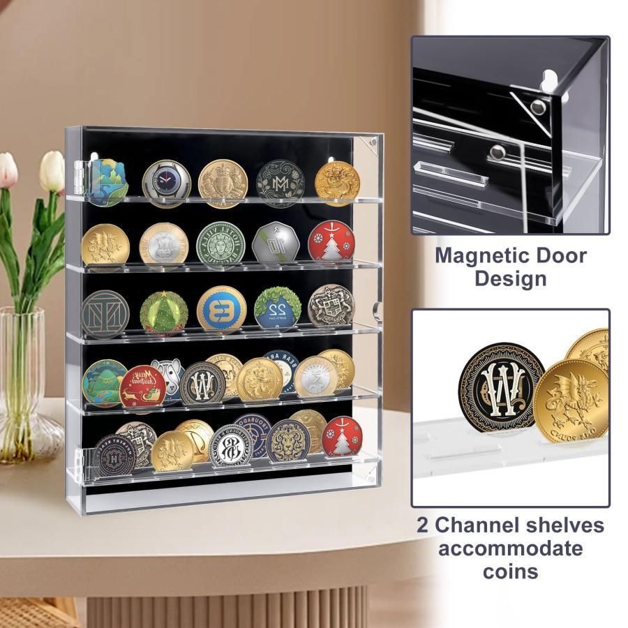 5列硬貨ショーケース、チャレンジコインディスプレイケース、アクリル硬貨スタンドショーケース、ロック可能