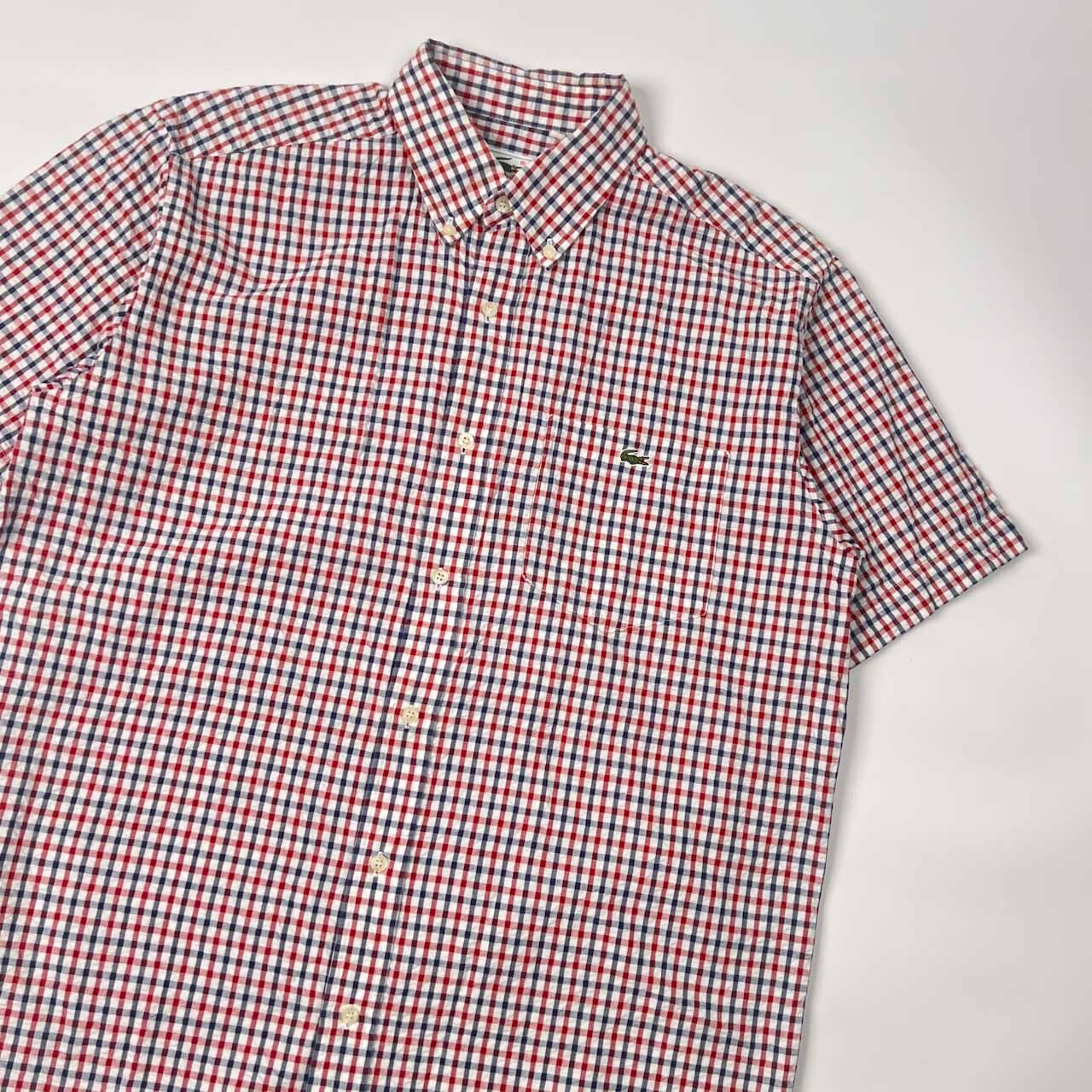 ラコステ LACOSTE シャツ チェック ワニの刺繍 ポケット無し 半袖 綿×ナイロン×ポリ 42 グリーン 緑×オレンジ×赤 レディース 80s LACOSTE ラコステ 文字ワニ チェック BD ボタンダウン シア
