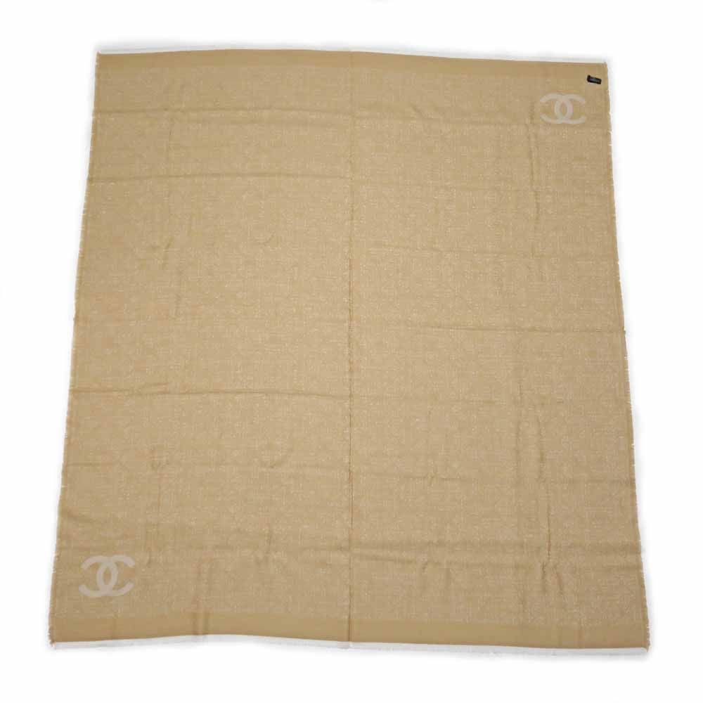 名東 シャネル 大判ストール CCマーク ベージュ系 ウール ショール フリンジ レディース 女