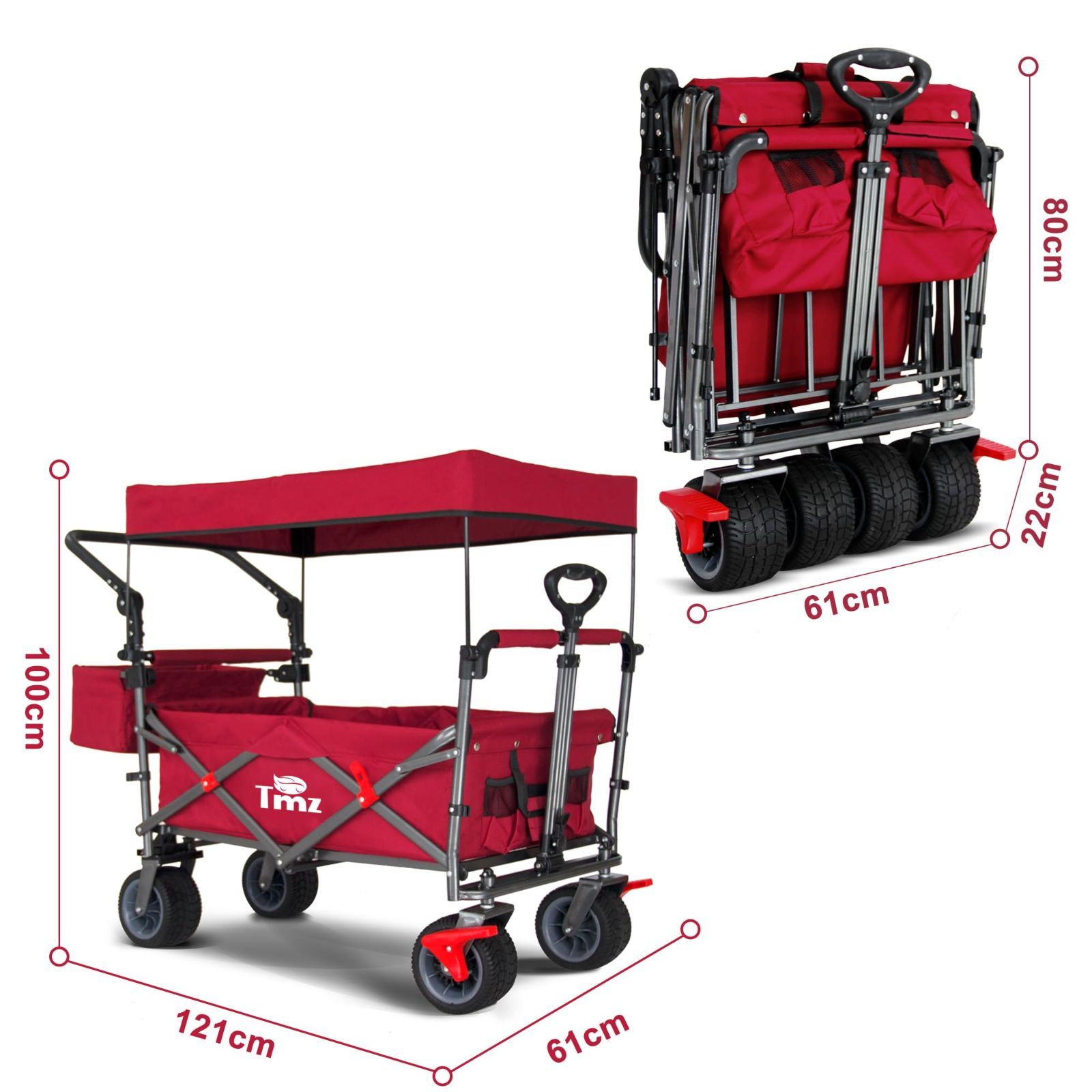 アウトドアワゴン 折りたたみ式 屋根付き 大型タイヤ 大容量100L キャリーワゴン 耐荷重120kg ブレーキ付き（赤） - メルカリ