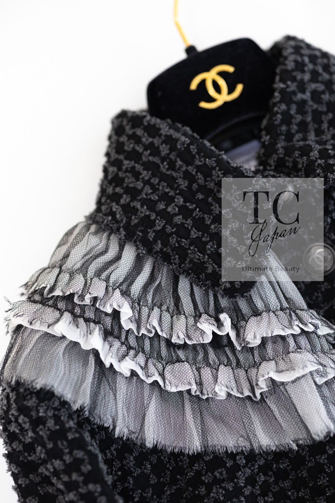 シャネル ジャケット CHANEL チャコールグレー ブラック 黒 ラッフル