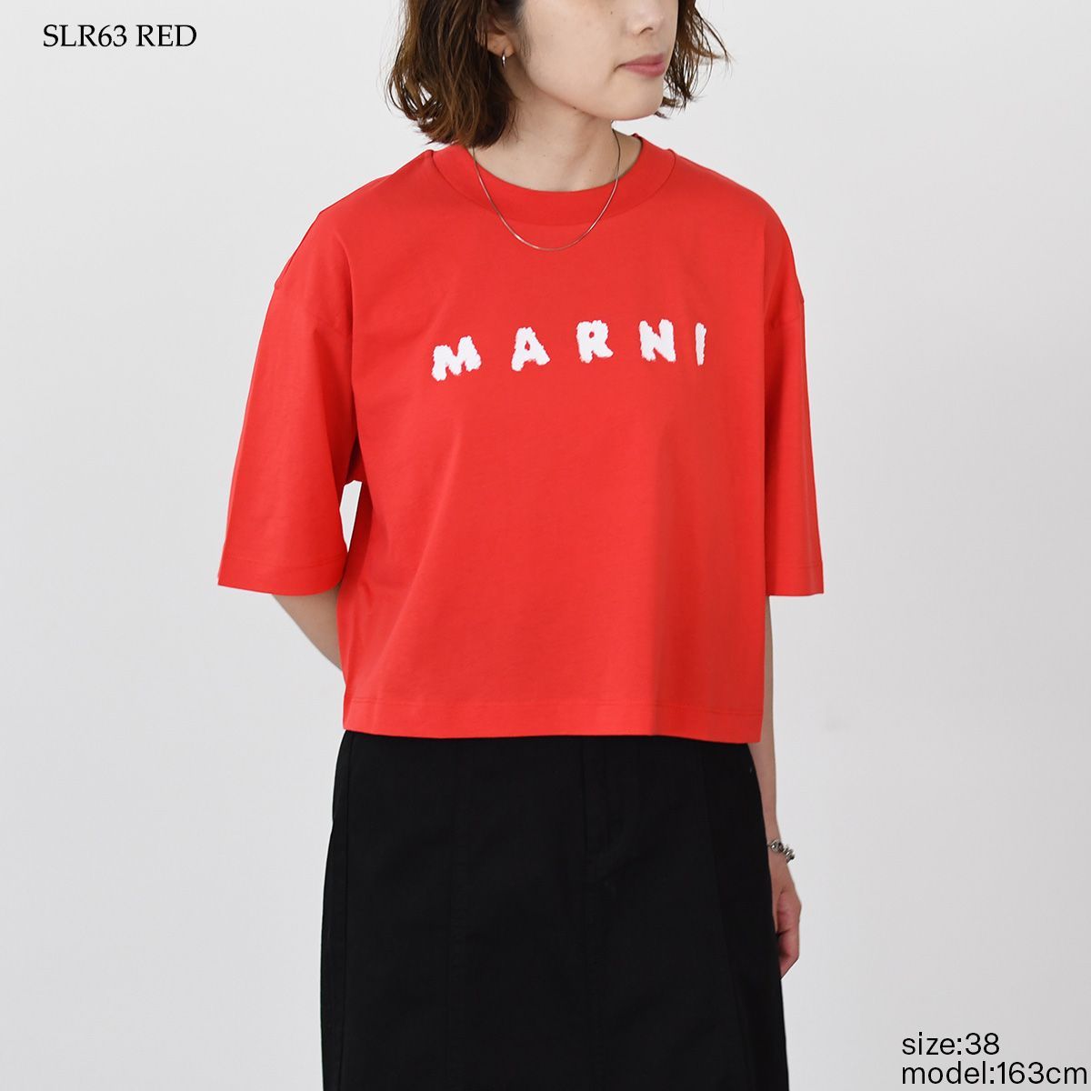 MARNI マルニ Tシャツ カットソー スクリブルロゴ ボクシー Tシャツ THJE0333P5 USCX42 レディース レッド コットン ロゴ 半袖 春 夏 クロップド丈