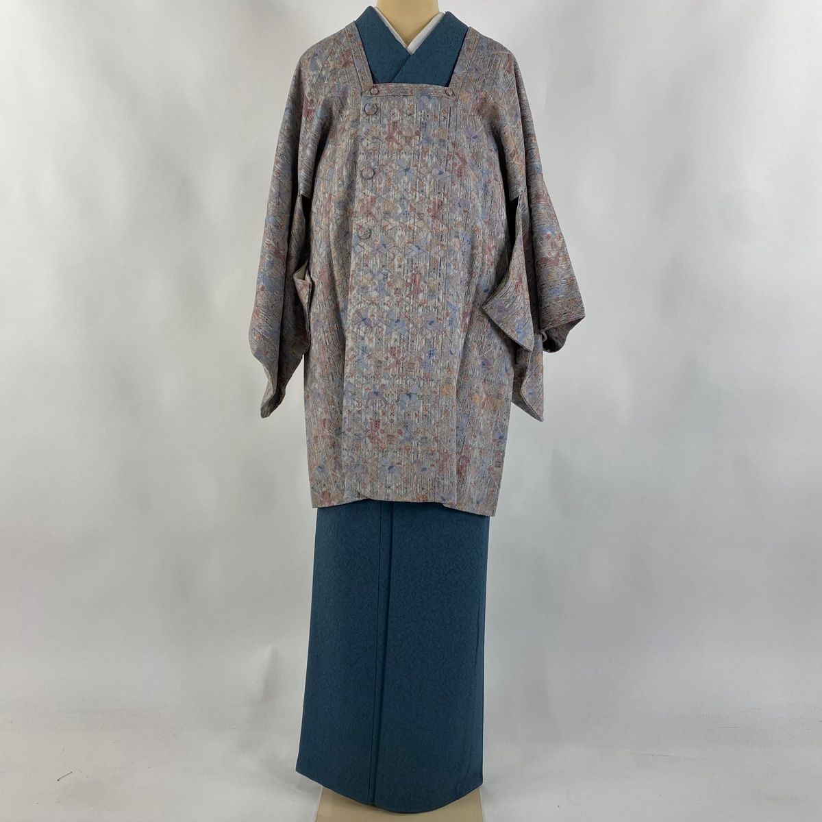 道行 身丈89cm 裄丈64cm M 和装コート 角衿 斜め格子 孔雀 青灰色 正絹 秀品