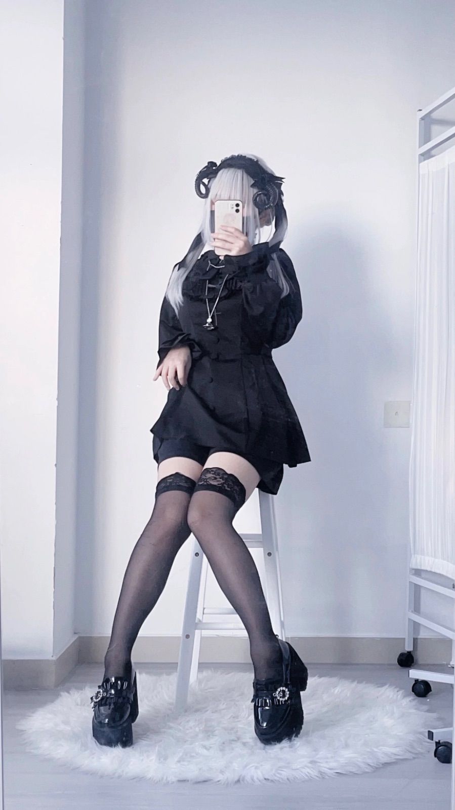 ブラック レース 長袖 襟付き スカート サブカル 服 ワンピース ロリィタ コスプレ セットアップ 地雷系 量産型 ゴスロリ 渋谷
