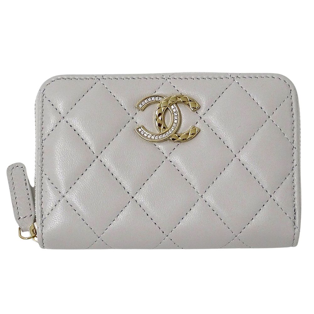 シャネル CHANEL 財布 レディース ブランド コインケース ラムスキン ライトグレー ラインストーン ラウンドファスナー ミニ財布 おしゃれ
