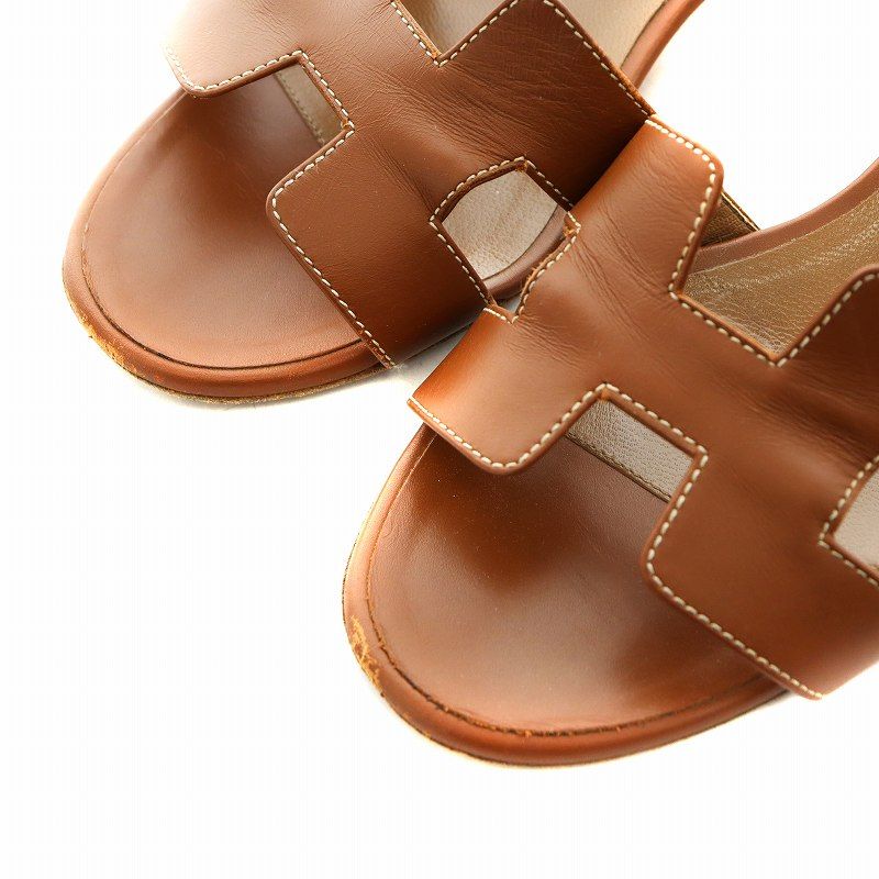 エルメス HERMES オアジス Hモチーフ サンダル ヒール 38 茶