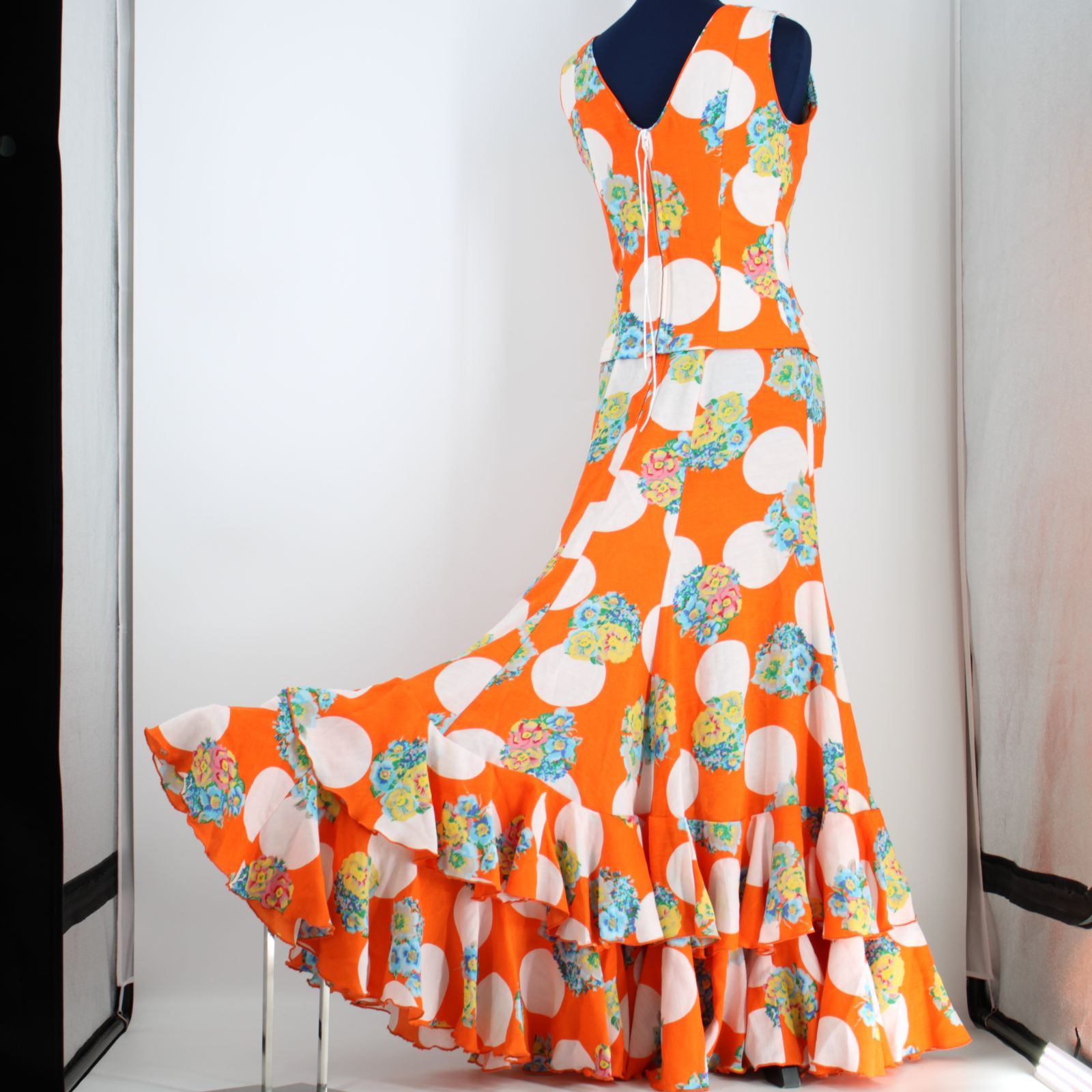 フラメンコスカート オレンジ 花柄 ドット フラメンコスカート オレンジ 花柄 ドット