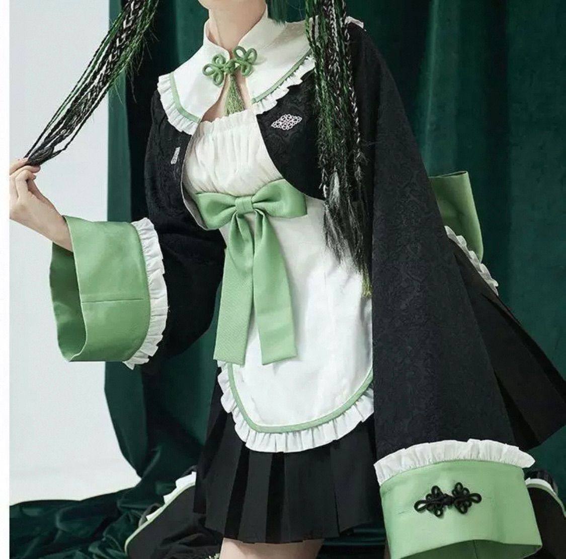 グリーン　ブラック　姫袖　チャイナ風　ロリィタ　セットアップ 4点セット！！ 中華風ロリータセットアップ グリーン ロリータ