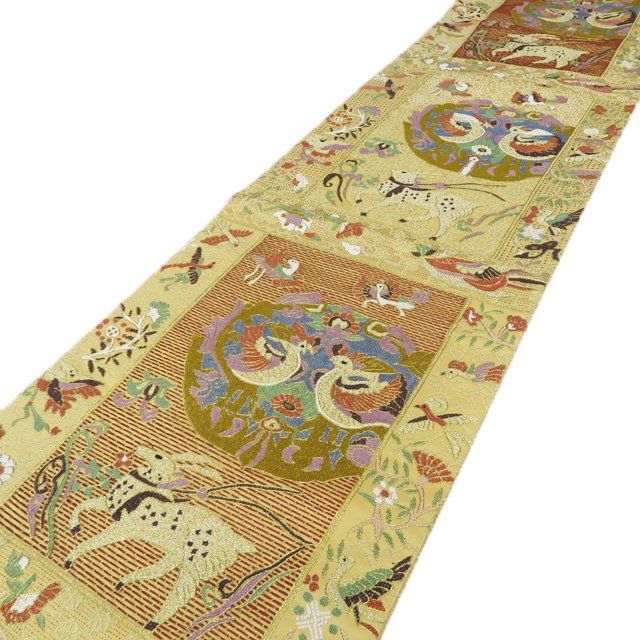 【未使用　しつけ糸なし】　正絹　六通柄　袋帯　唐織　刺繍　四季華扇子流し 未使用 しつけ糸なし】 正絹 六通柄 袋帯 唐織 刺繍 四季華扇子流し