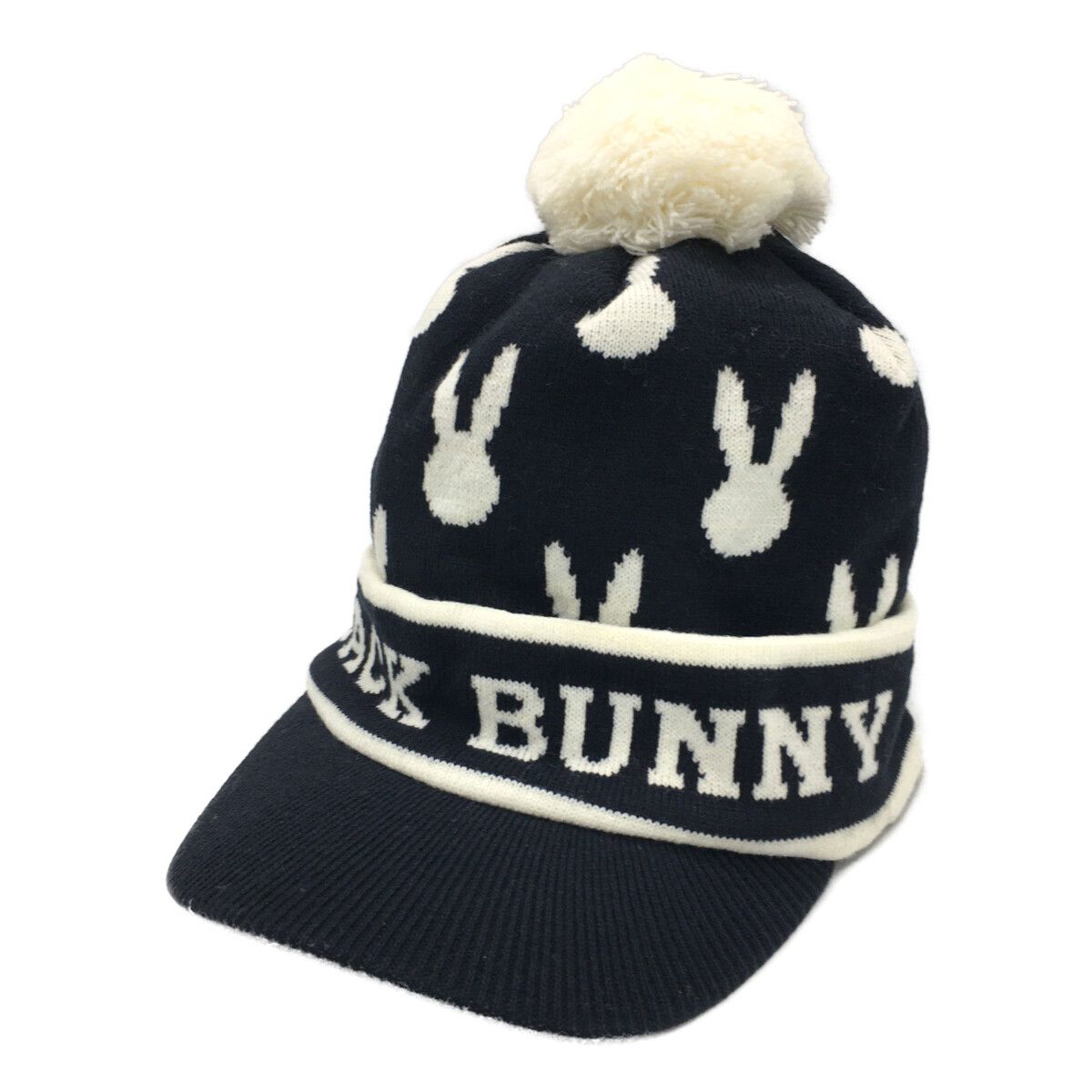 中古 ジャックバニー Jack Bunny!! つば付ニット帽 フリー ネイビー 紺 ボンボン付き うさぎ柄
