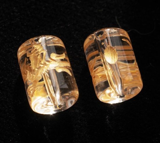 水晶　青龍  ビーズ  手彫り　12mm×8mm　(2粒)  金彫り  天然水晶  四神   ハンドメイド