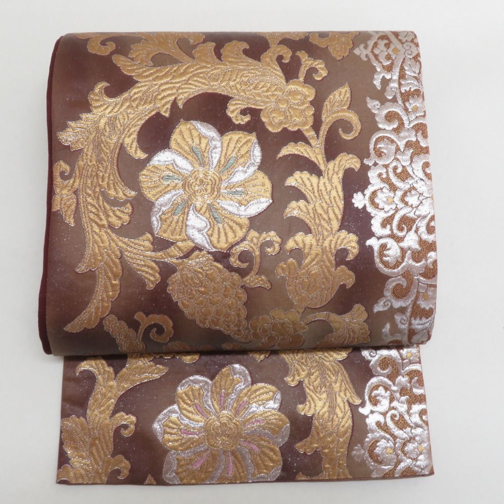 袋帯 正絹 金糸銀糸 唐花文様 茶色x金色 六通柄 フォーマル 礼装 長さ