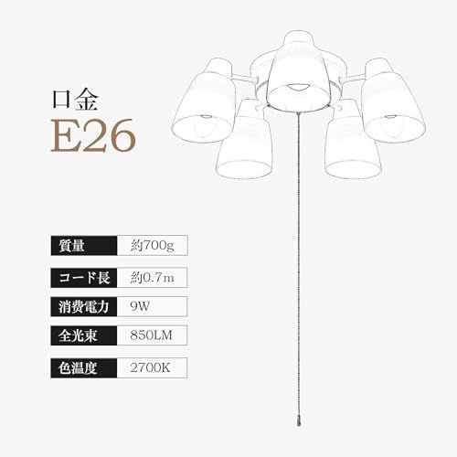 ライト・照明 【特価商品】シャンデリア 5灯 シーリングライト おしゃれ 北欧 LED天井ライト E26 タイプ 8畳～12畳ルーム対応 リビング ダイニング ベッドルーム向け 天井照明ジッパー式スイッチ 5個 LED電球付属