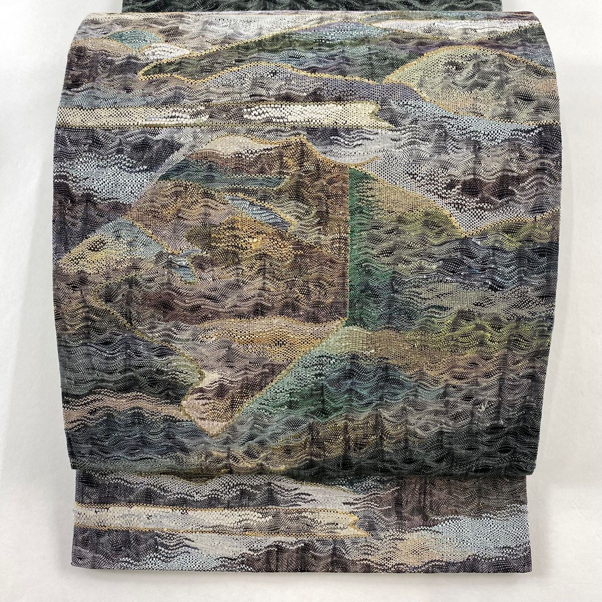 袋帯 美品 秀品 山並み 霞 金糸 灰緑 お太鼓柄 正絹 【中古