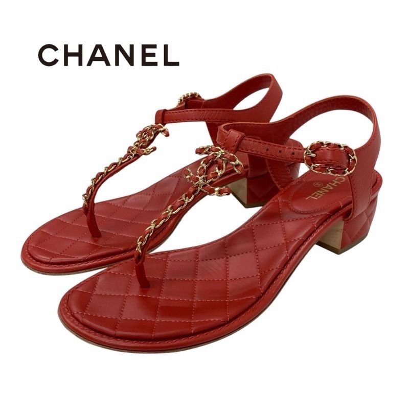 シャネル ココマーク レザー チェーン ストラップ トングサンダル レッド