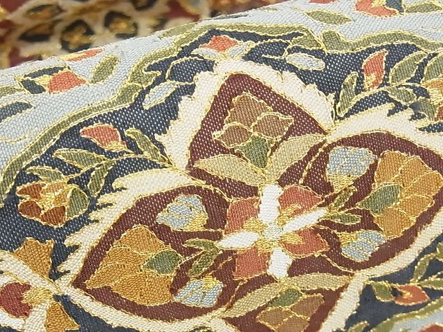 Ｗ8787■古布　袋帯　黒地に金箔織り横段に銀糸幾何学柄■ 平和屋着物○極上 西陣 川島織物 六通柄 本袋帯 正倉院花文 金銀糸