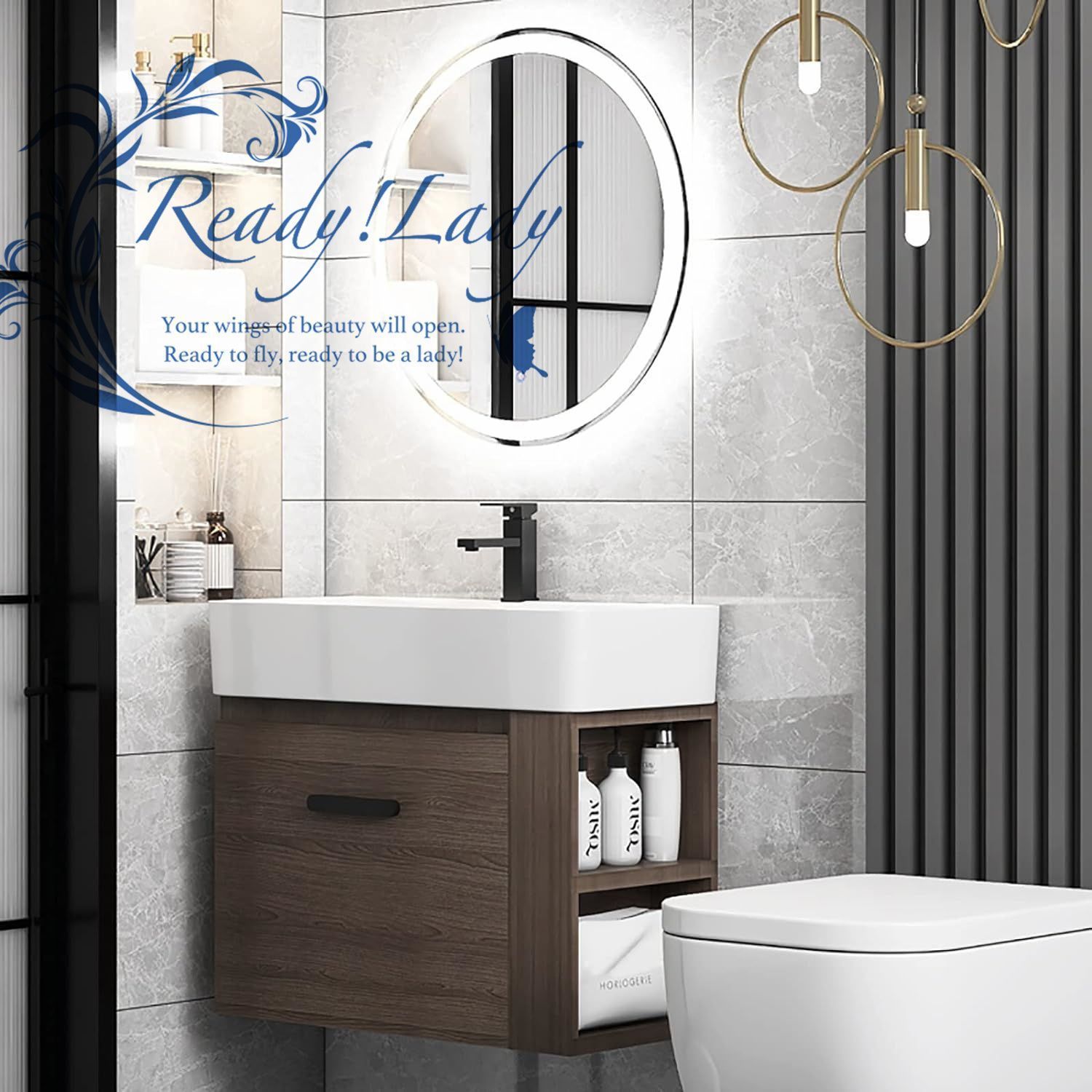 シンクトップ付き洗面化粧台キャビネット バスルーム収納キャビネット デフォガンドLEDライトミラー付き 60cm