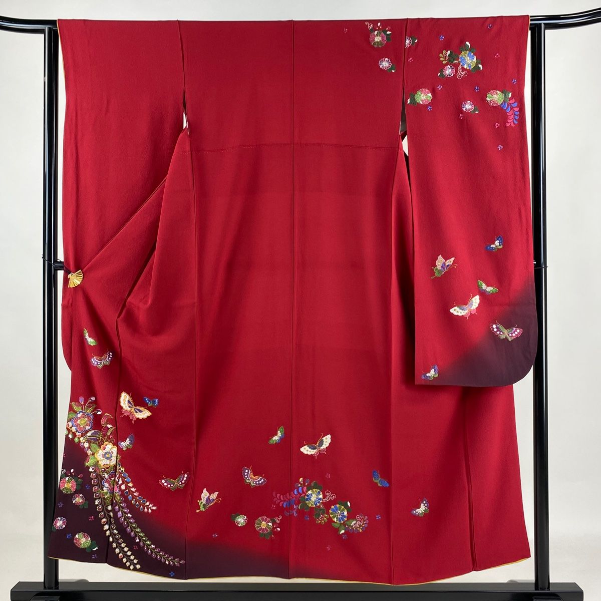 振袖 身丈153cm 裄丈61.5cm S 袷 蝶 草花 刺繍 金糸 赤 正絹 名品