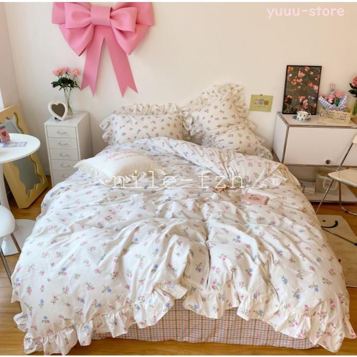 韓国風 寝具 布団カバーセット シングル セミダブル 綿 レディース 姫系 フリル 花柄 ベッドカバー フラットシーツ 掛け布団カバー 洗える ss