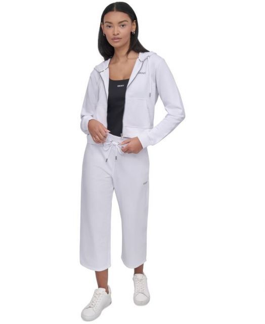 送料無料 ダナ キャラン ニューヨーク レディース パーカー スウェット アウター Women s Cotton-Blend Stud-Logo Full Zip Hoodie White KIN-KAAI_COM