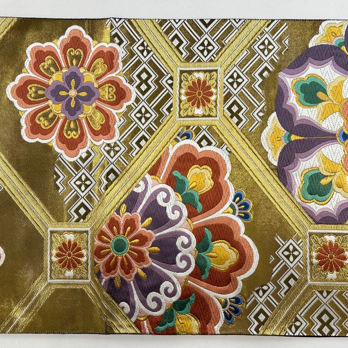 袋帯 美品 秀品 蜀江華文 菊 刺繍 金糸 金色 六通 正絹 【中古