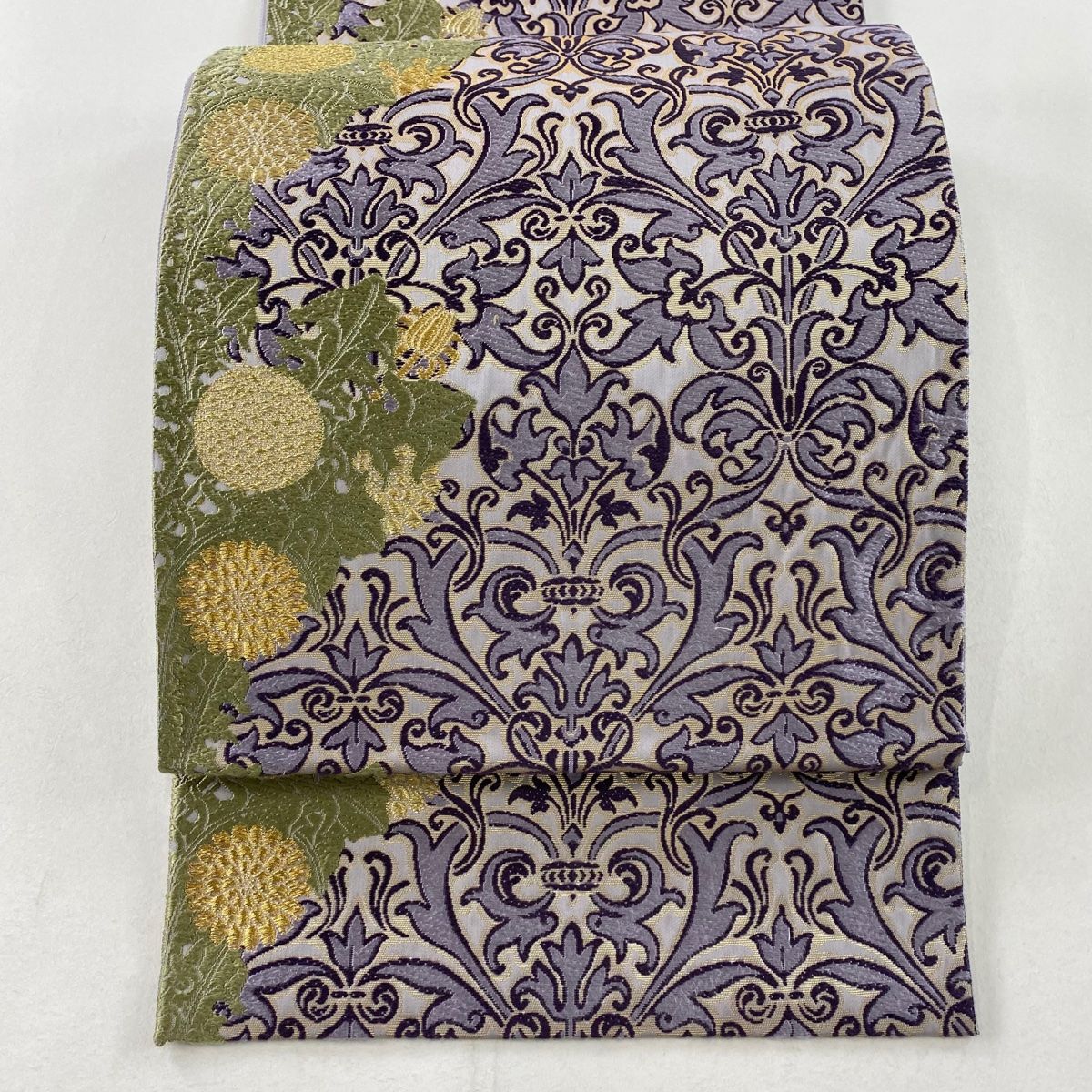 袋帯 美品 逸品 山口美術織物 落款 唐草蒲公英文 金糸 箔 灰紫