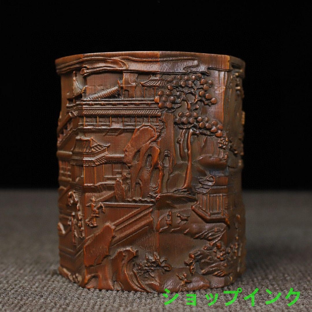 竹 彫刻 亭台楼閣筆箱 書道具 文房具 現代工芸品 美術品 置物 竹