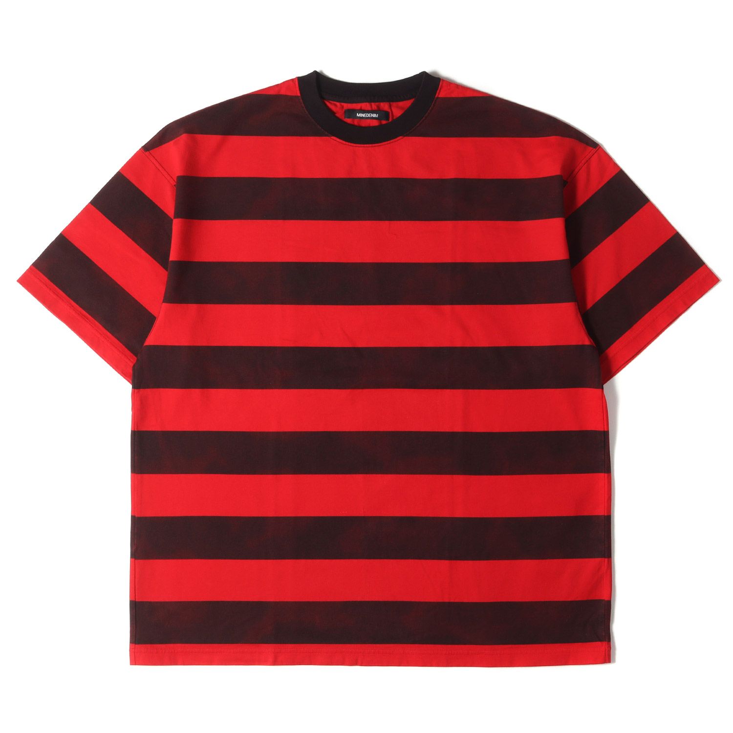美品 MINEDENIM マインデニム Tシャツ サイズ:XL 23SS かすれワイドボーダー ルーズシルエット クルーネック 半袖Tシャツ Hazy Bold Border T-S レッド ブラック 日本製 トップス カットソー【メンズ】