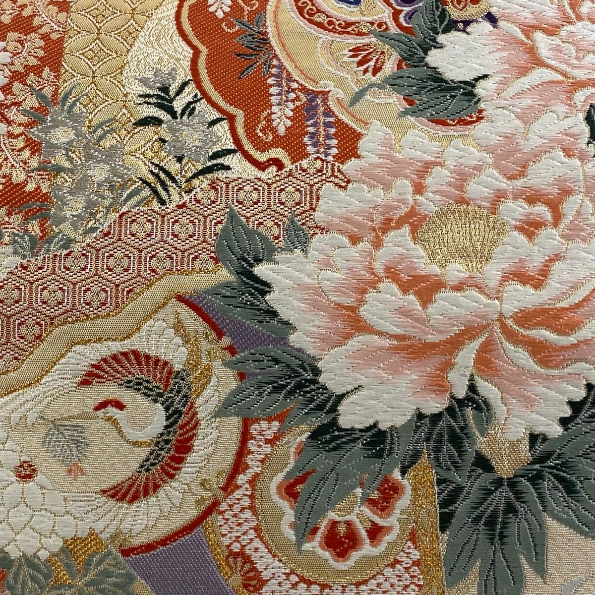 袋帯 秀品 関西仕立て 扇 牡丹 金銀糸 箔 クリーム 六通 正絹