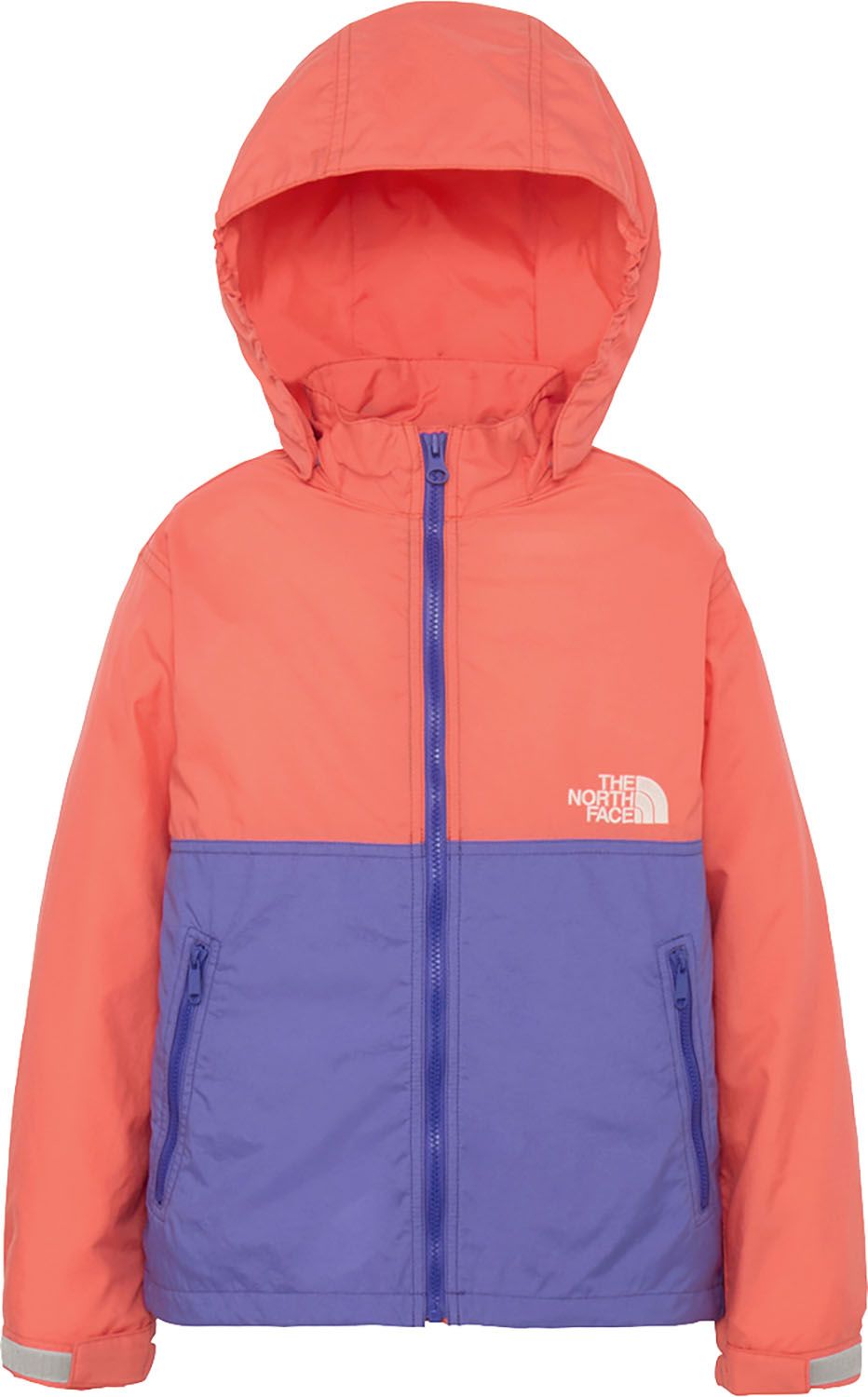 ザ ノース フェイス THE NORTH FACE アウトドア コンパクトジャケット 子ども服 ウィンドブレーカー アウター 上着 軽い はっ水 シンプル フード 取り外し 普段使い 外遊び キャンプ 記名ラベル NPJ2 LB リビングコーラル×ブルー