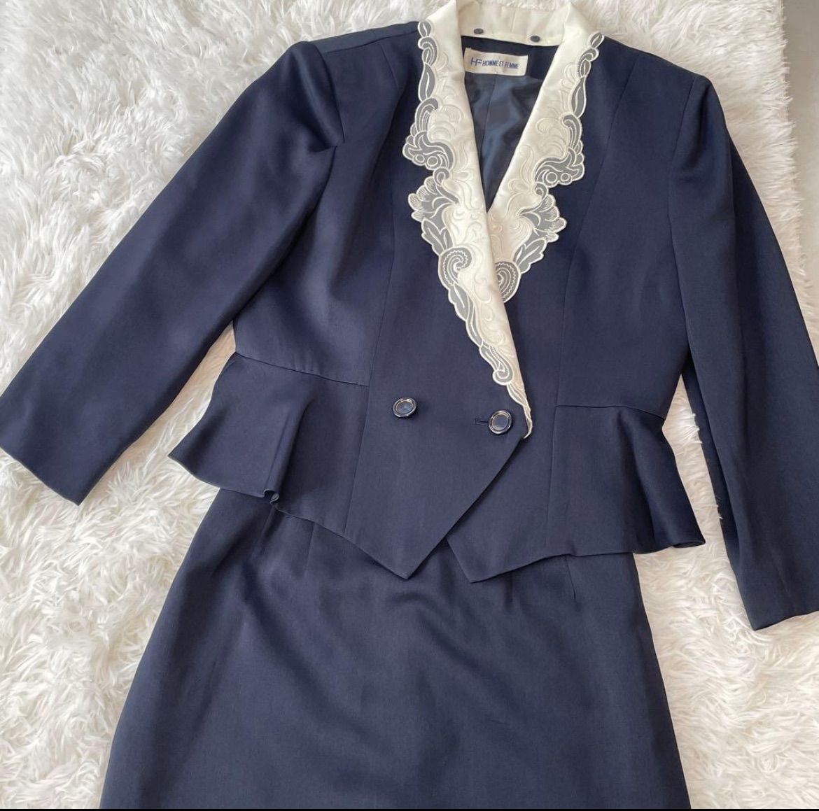 日本製 昭和レトロ ジャケット スカート セット 胸元レース ペプラム９号